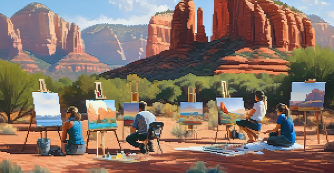 A lively outdoor workshop with young artists painting in front of red rock formations under warm sunlight.