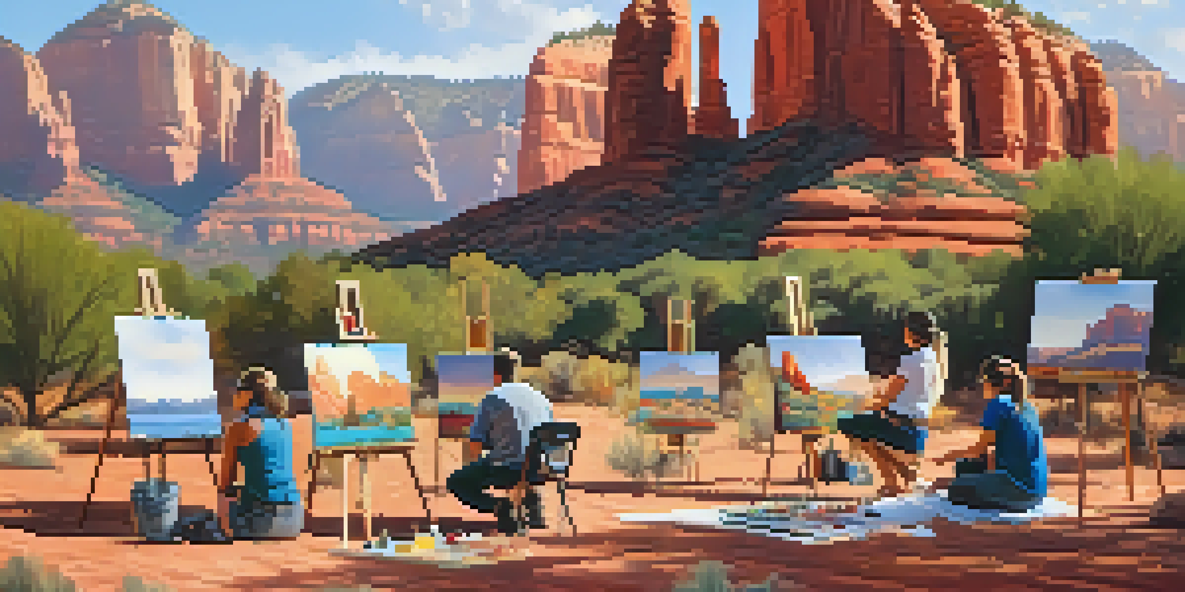 A lively outdoor workshop with young artists painting in front of red rock formations under warm sunlight.