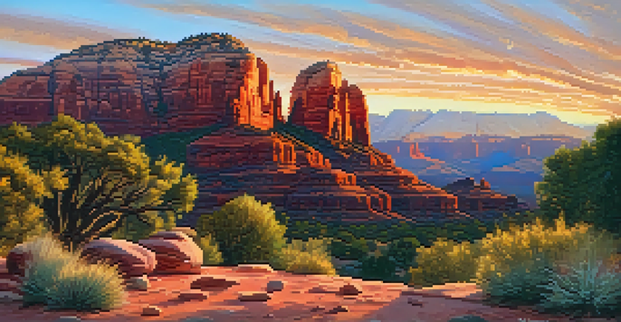 A serene sunset view of Sedona's red rocks with a meditation setup in the foreground, featuring soft colors and warm lighting.