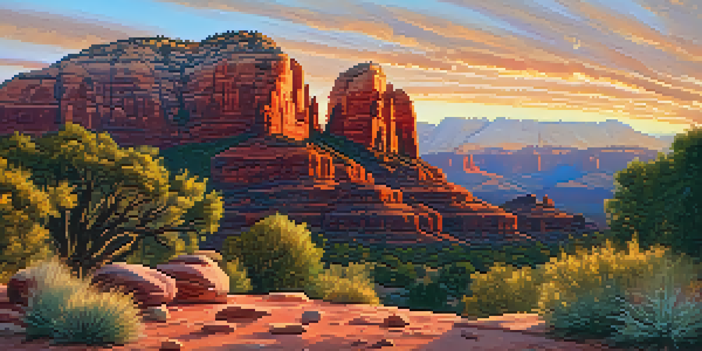 A serene sunset view of Sedona's red rocks with a meditation setup in the foreground, featuring soft colors and warm lighting.