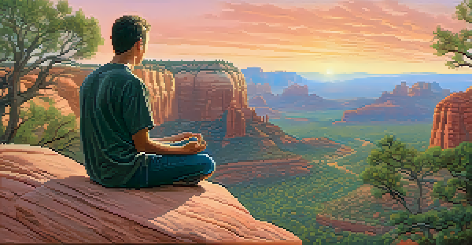 A person meditating on a rocky outcrop in Sedona during sunset, surrounded by vibrant colors and stunning natural formations.