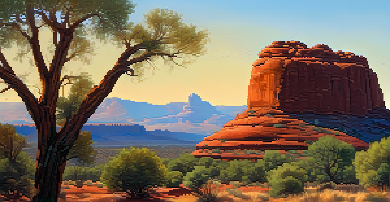 A low-angle view of Bell Rock in Sedona during golden hour, with winding paths in the foreground and a bright blue sky above.