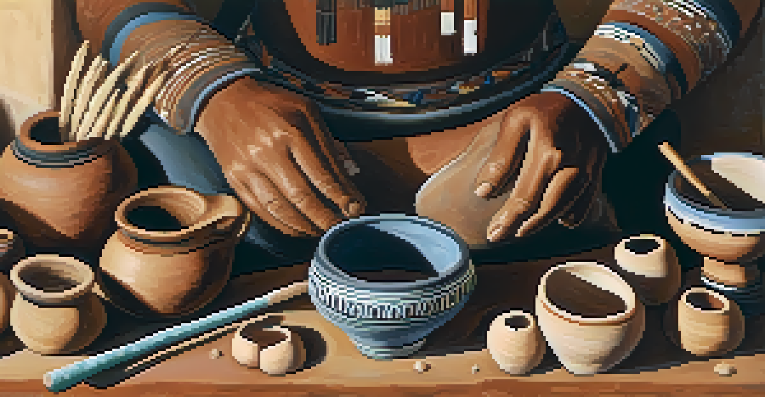 A Hopi artist hand-coiling pottery with intricate natural designs, surrounded by pottery tools in a well-lit workspace.