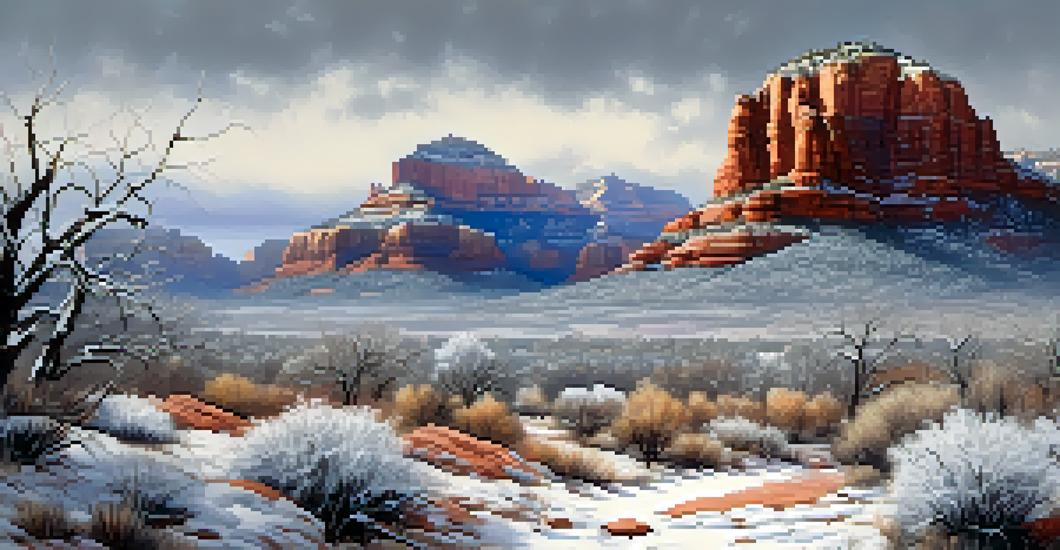 A peaceful winter landscape in Sedona, with snow-covered red rocks and a trail marked by footprints, under a gray sky.