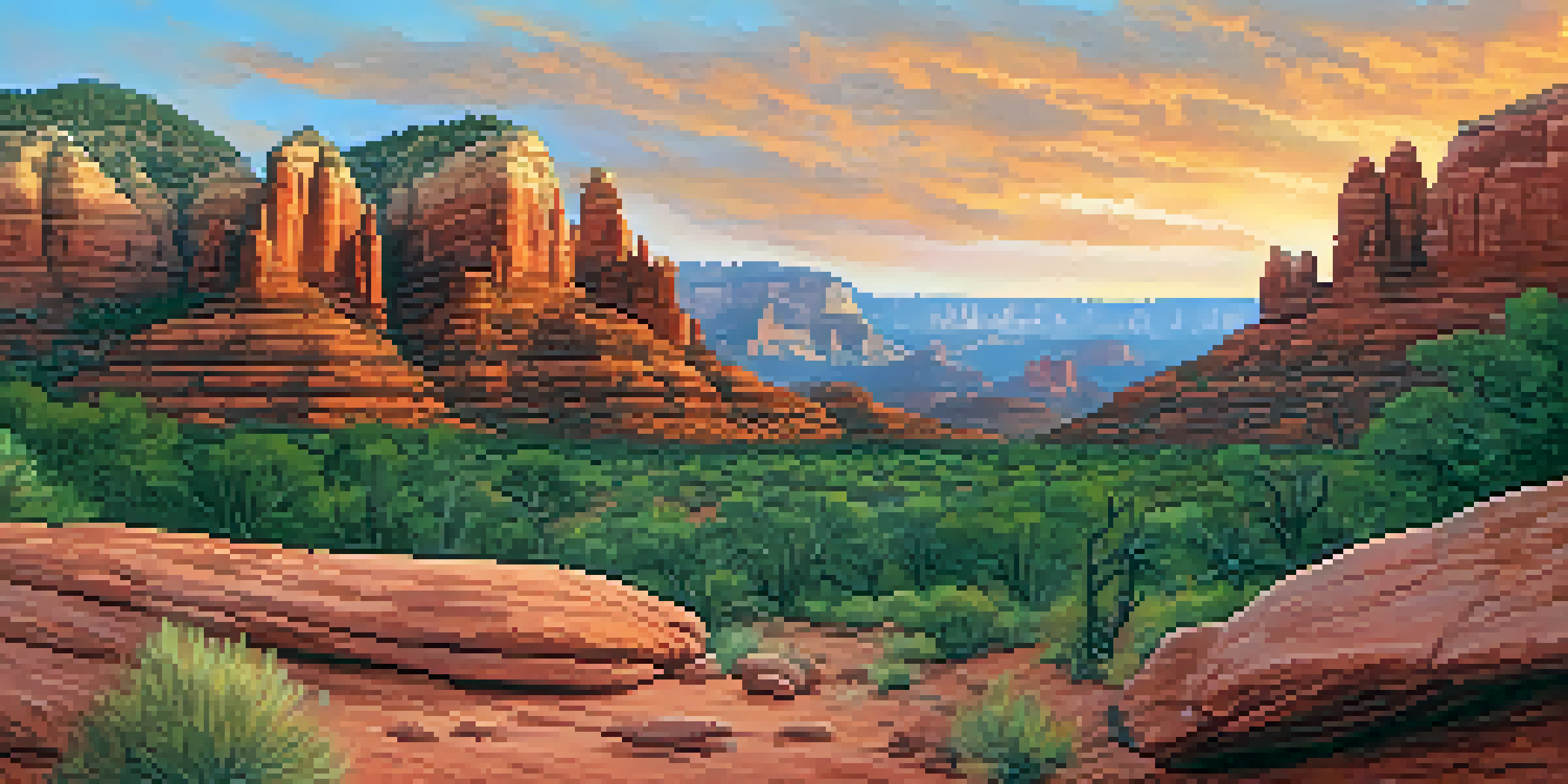A panoramic view of Sedona's red rock formations at sunset, with people participating in an eco-tourism hike.