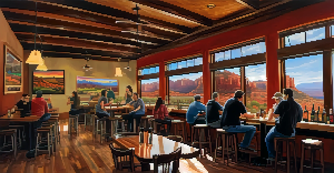 Interior of a craft brewery in Sedona with patrons enjoying beer, wooden tables, local art on the walls, and red rock views through the windows.