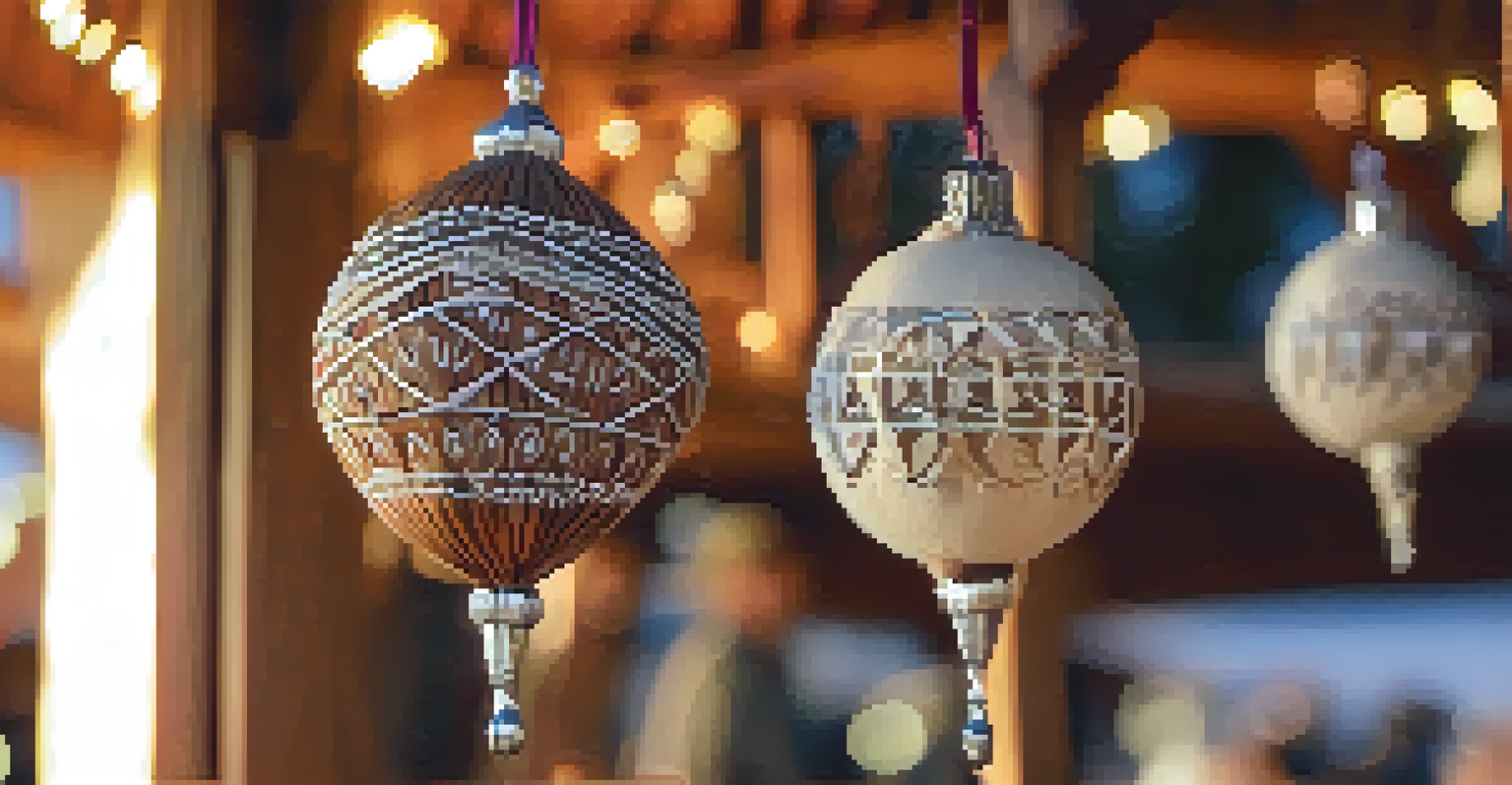 A close-up of handmade ornaments made from natural materials, displayed at a wooden stall during Sedona's Winter Solstice Celebration.