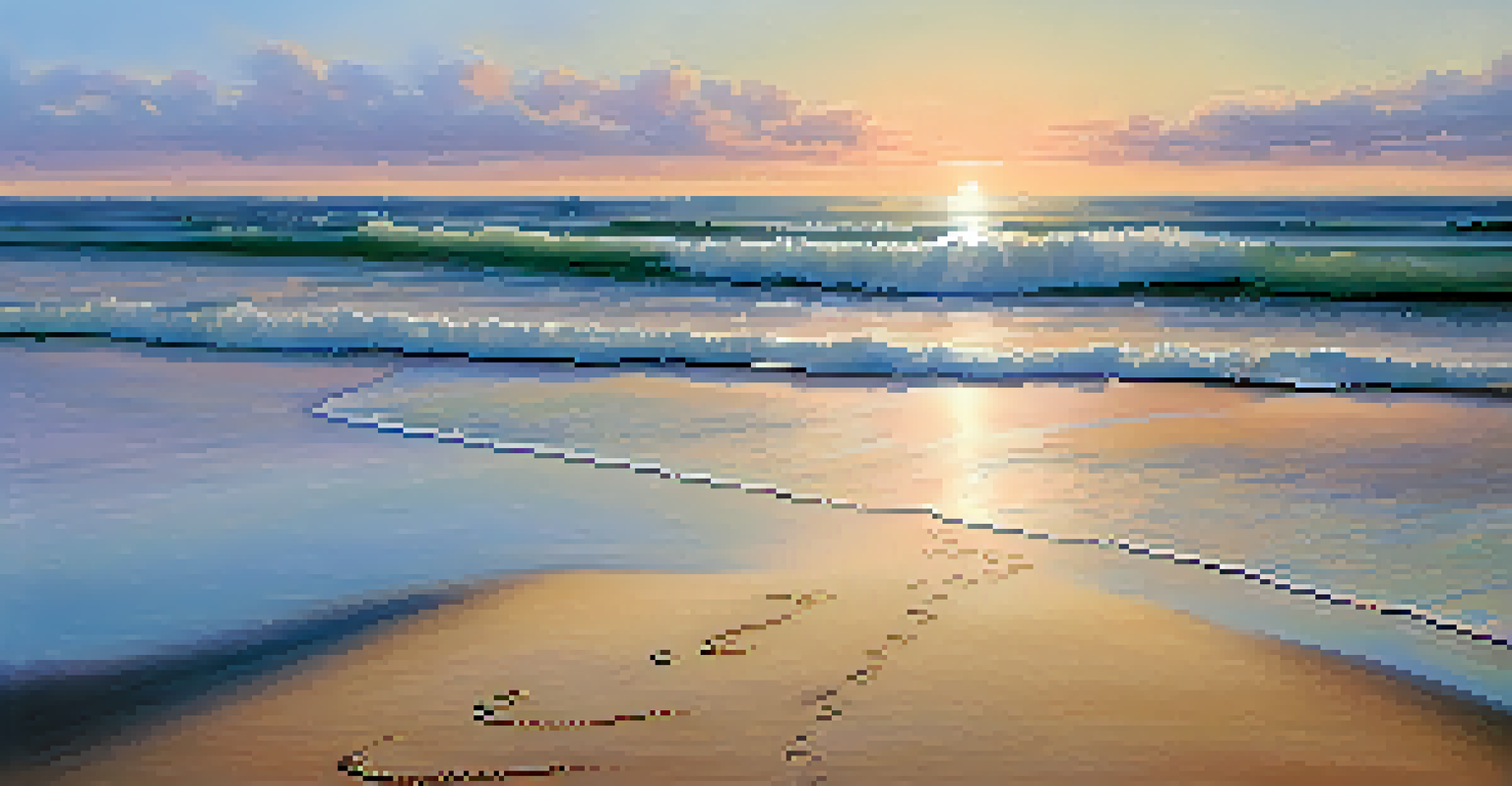 Footprints in the sand leading to gentle waves at a tranquil beach during sunrise.