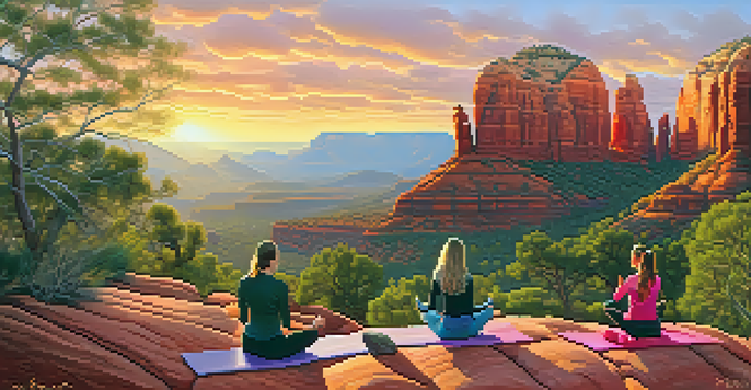 A serene sunrise illuminating Sedona's red rock formations, with hikers practicing yoga on a rocky ledge amidst vibrant greenery.