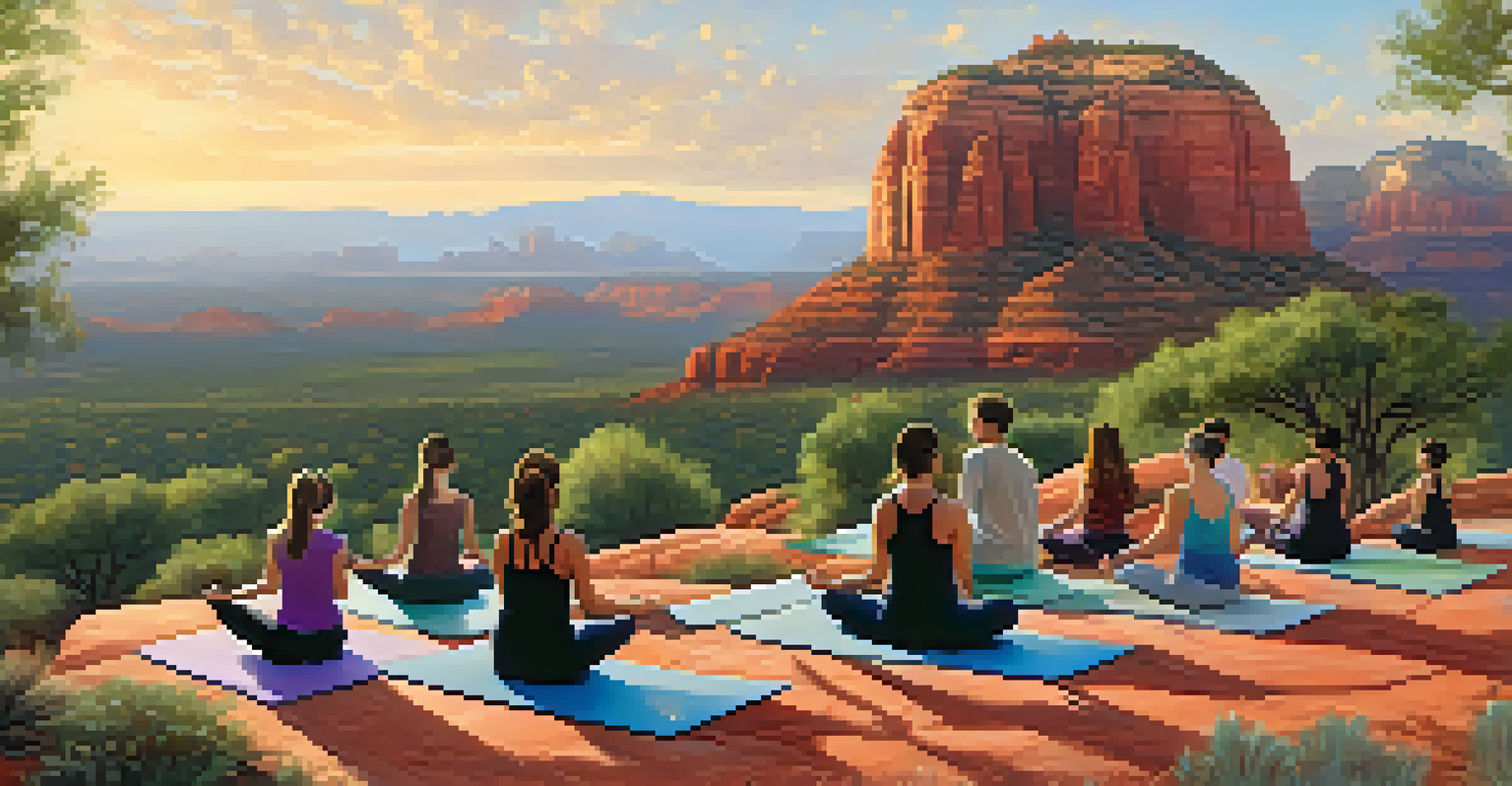 Participants practicing yoga on a cliff overlooking Sedona's red rock landscape in the early morning light.