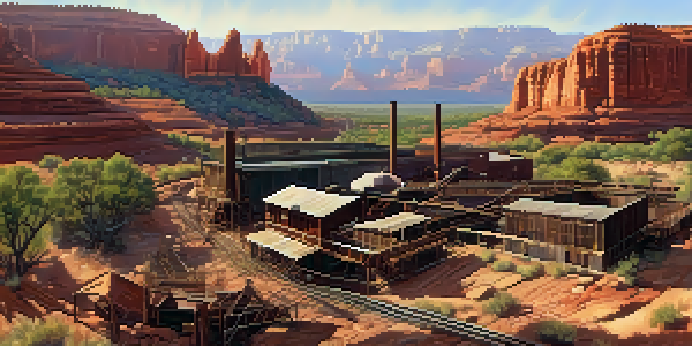 A panoramic view showcasing the Sterling Mine amidst Sedona's red rocks, featuring crumbling structures and tunnels under warm sunlight.