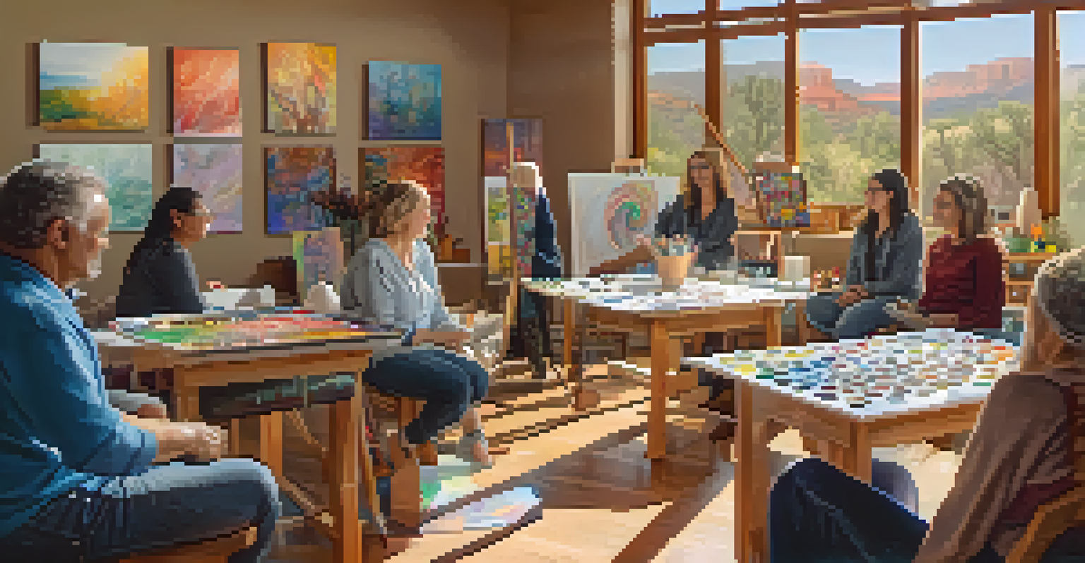 A group of individuals sharing their artwork in an indoor art therapy workshop, surrounded by natural light and art supplies in Sedona.