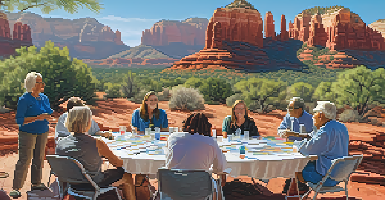Residents of Sedona participating in an outdoor workshop, brainstorming around tables with beautiful red rock formations in the background.