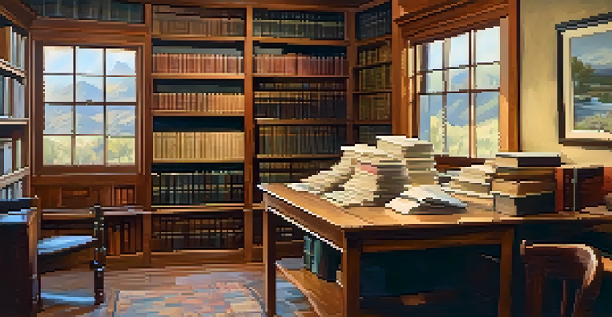 A warm and inviting local archive with wooden shelves of books and historical documents, a vintage table displaying a family history scrapbook.