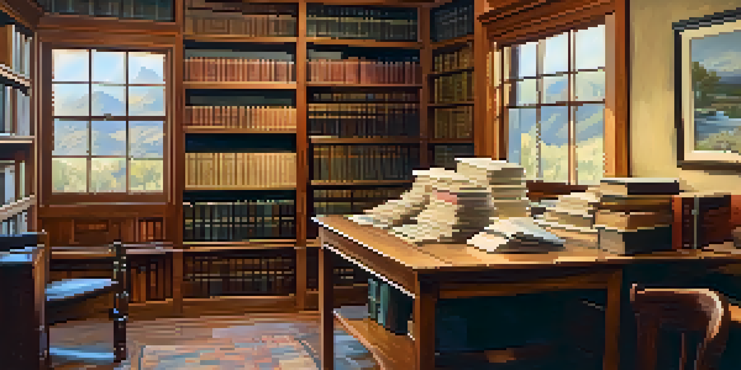 A warm and inviting local archive with wooden shelves of books and historical documents, a vintage table displaying a family history scrapbook.