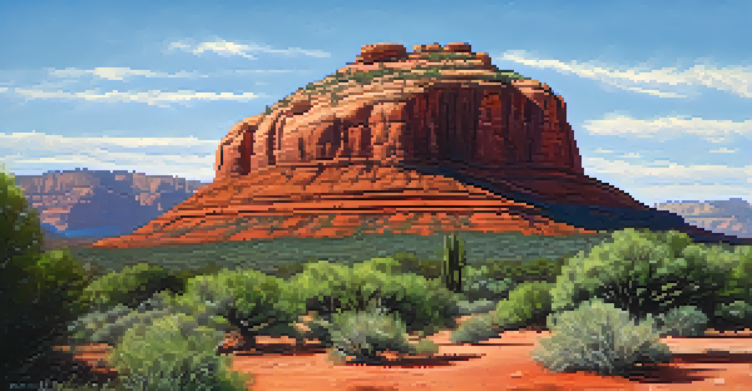 A detailed view of Bell Rock in Sedona, Arizona, highlighting the red rock texture and surrounding greenery under a blue sky.