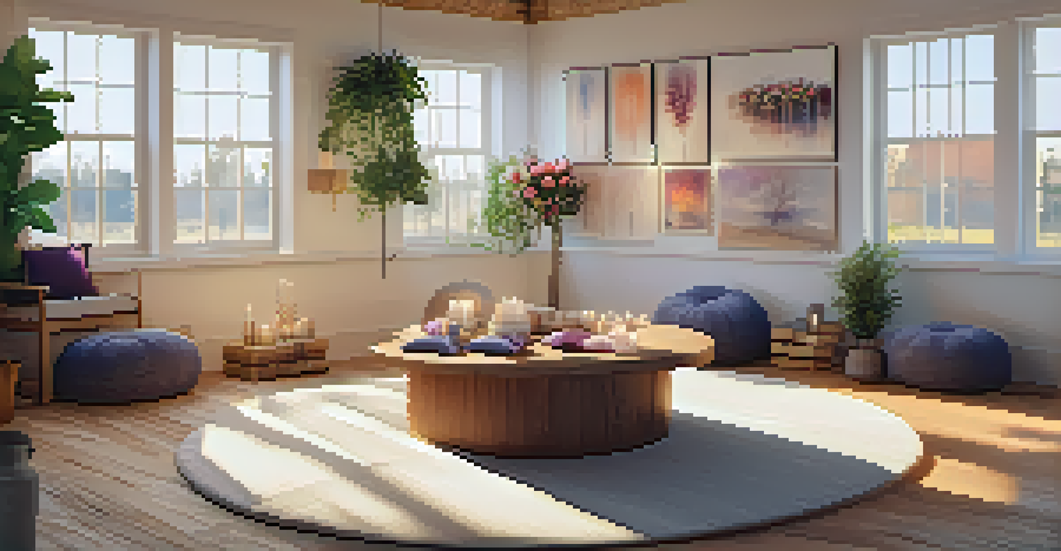 A cozy workshop space with cushions arranged in a circle, healing crystals in the center, and inspiring artwork on the walls.