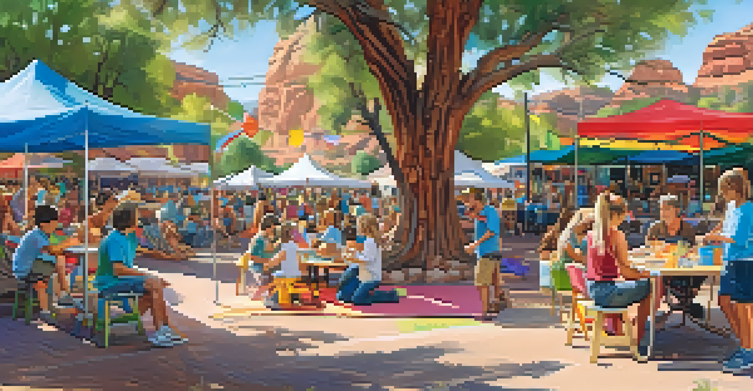 A family-friendly area at a music festival in Sedona, with children engaged in crafts and parents enjoying the lively atmosphere.