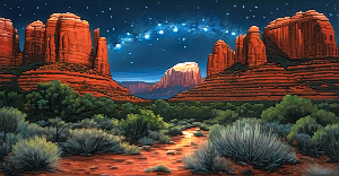 A stunning night sky filled with stars over Sedona, Arizona, with red rock formations in the foreground.