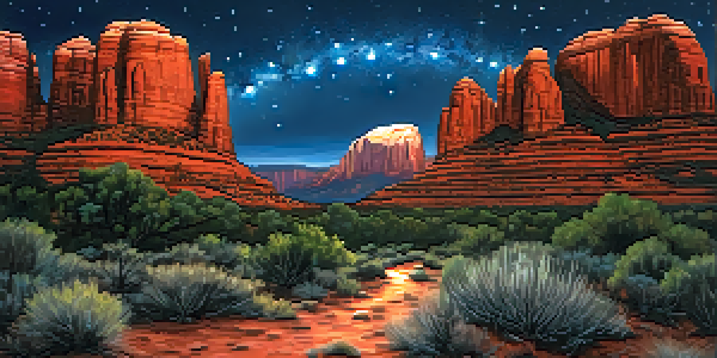 A stunning night sky filled with stars over Sedona, Arizona, with red rock formations in the foreground.