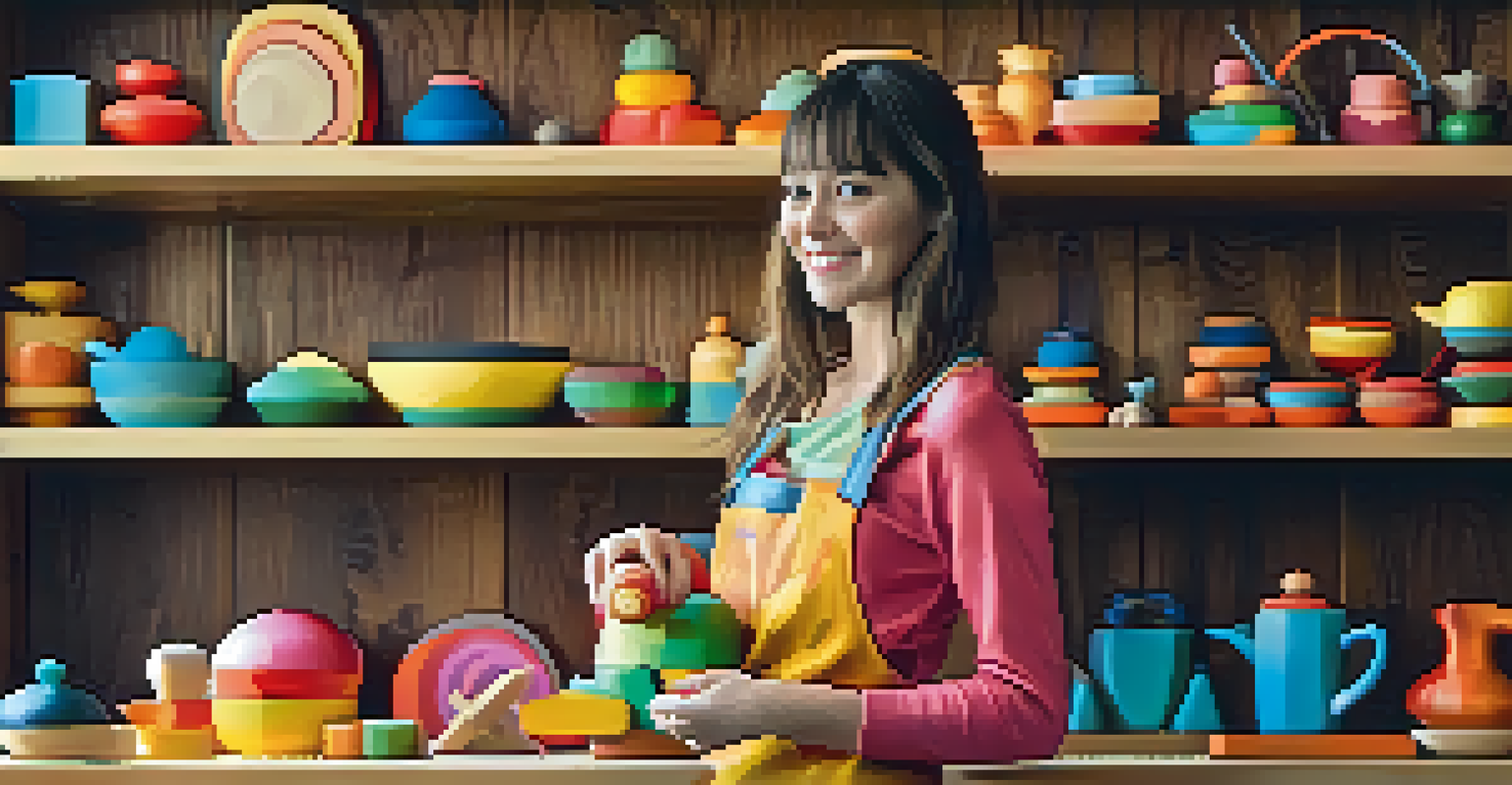 An artisan named Sarah displaying her colorful wooden toys and kitchenware in her workshop.