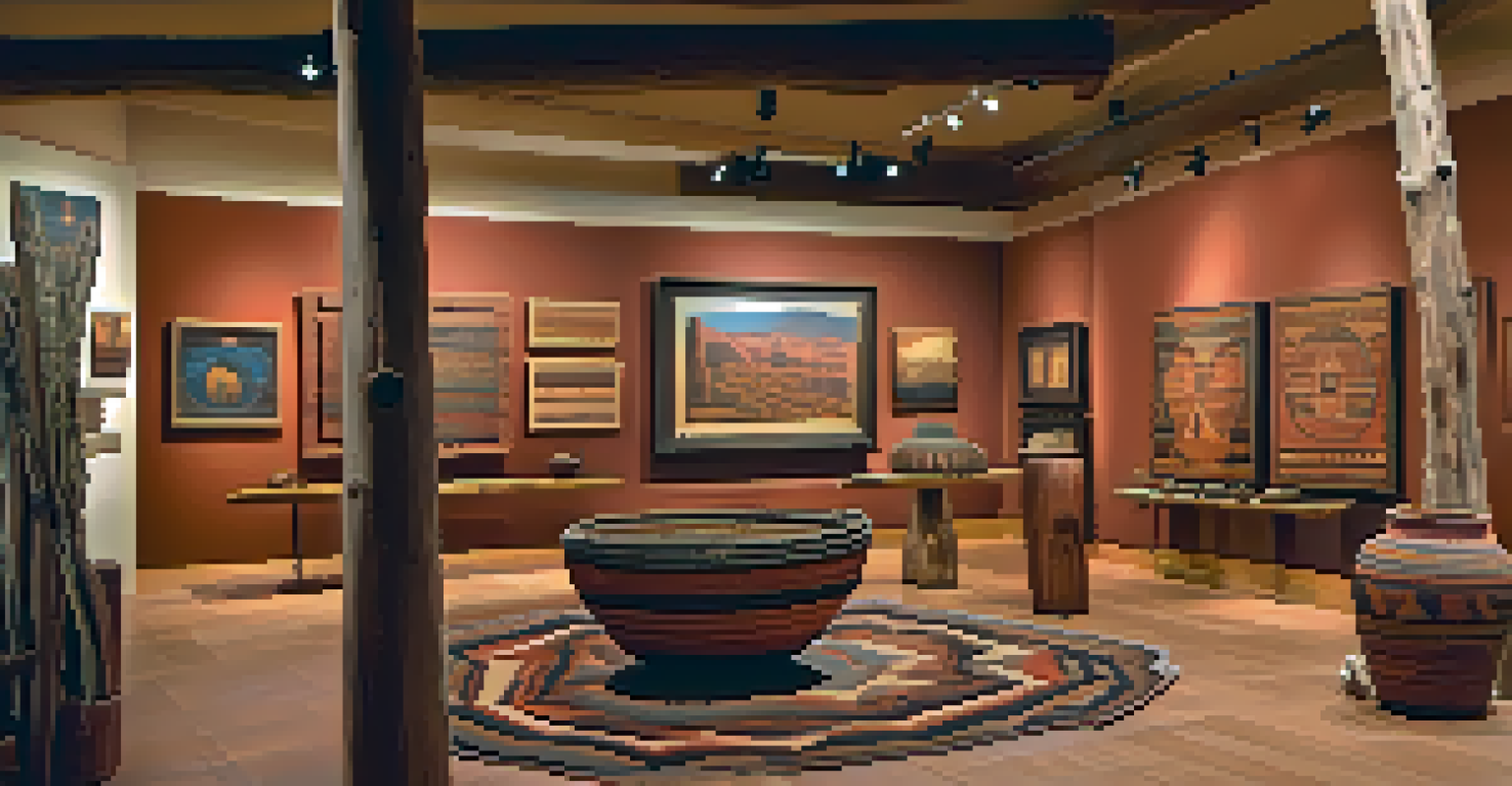 An indoor art gallery in Sedona displaying Native American art, with pottery and woven baskets highlighted by warm ambient lighting.