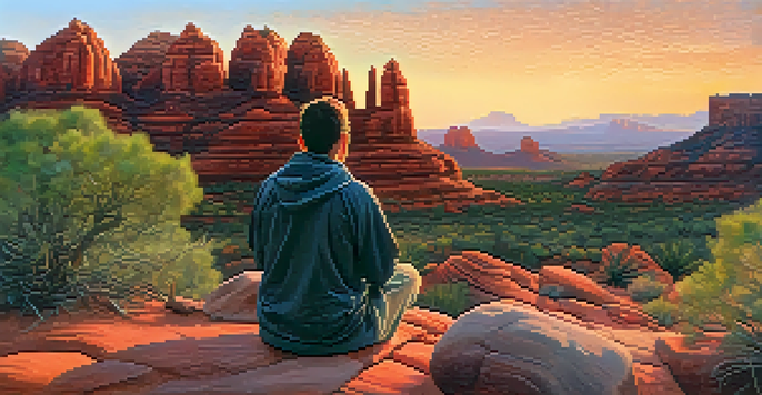 A person meditating on a rock in Sedona at sunset, surrounded by red rock formations and desert plants.