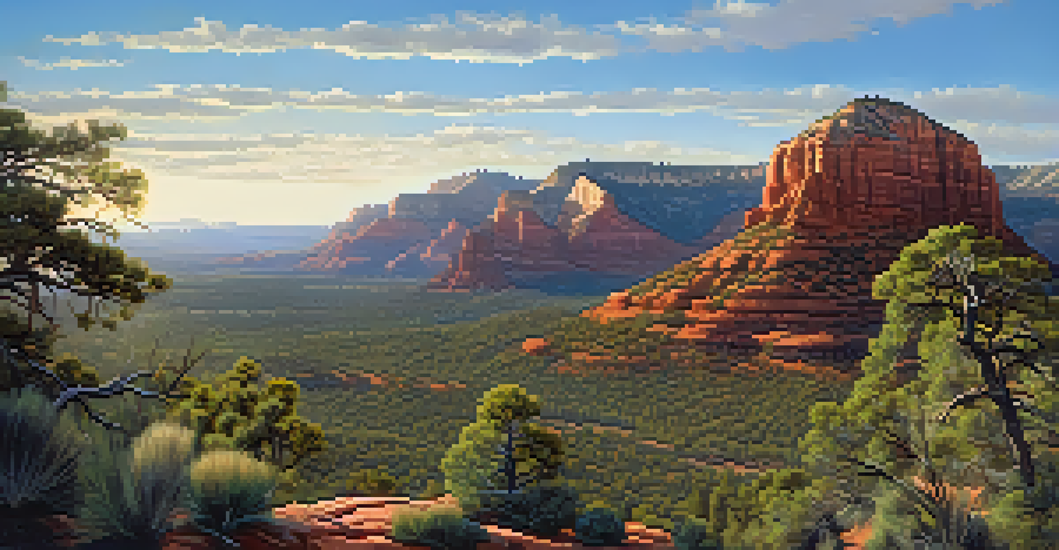 Aerial view of Sedona showing forests and desert scrub connected by wildlife corridors under a blue sky.