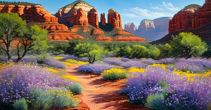 A colorful spring landscape in Sedona featuring red rock formations and blooming wildflowers under a clear sky.