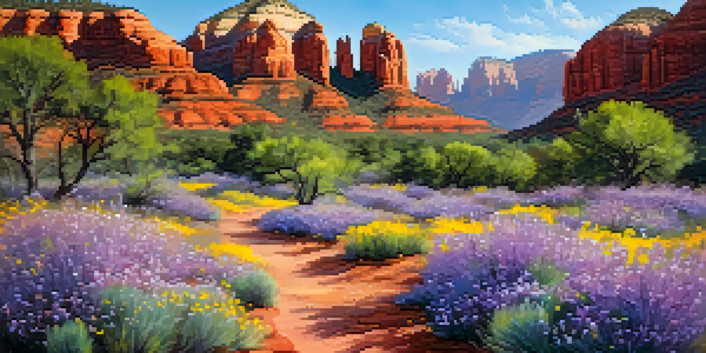 A colorful spring landscape in Sedona featuring red rock formations and blooming wildflowers under a clear sky.