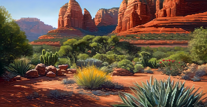 A colorful Sedona garden with plants and dark compost being mixed into sandy soil, illuminated by golden sunlight with red rock formations in the background.