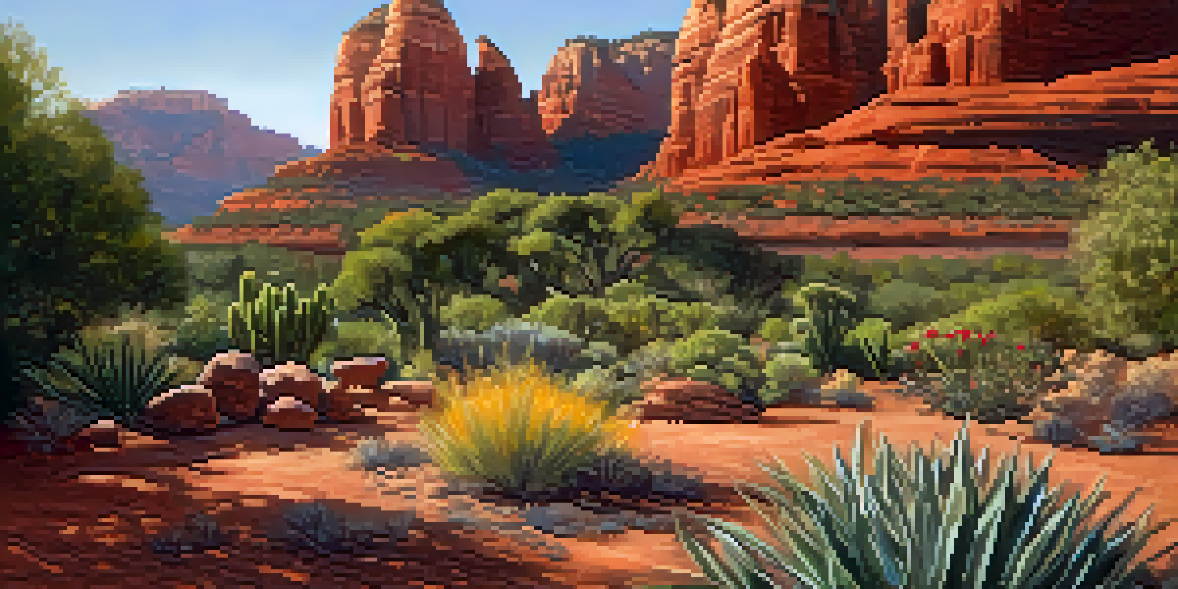 A colorful Sedona garden with plants and dark compost being mixed into sandy soil, illuminated by golden sunlight with red rock formations in the background.