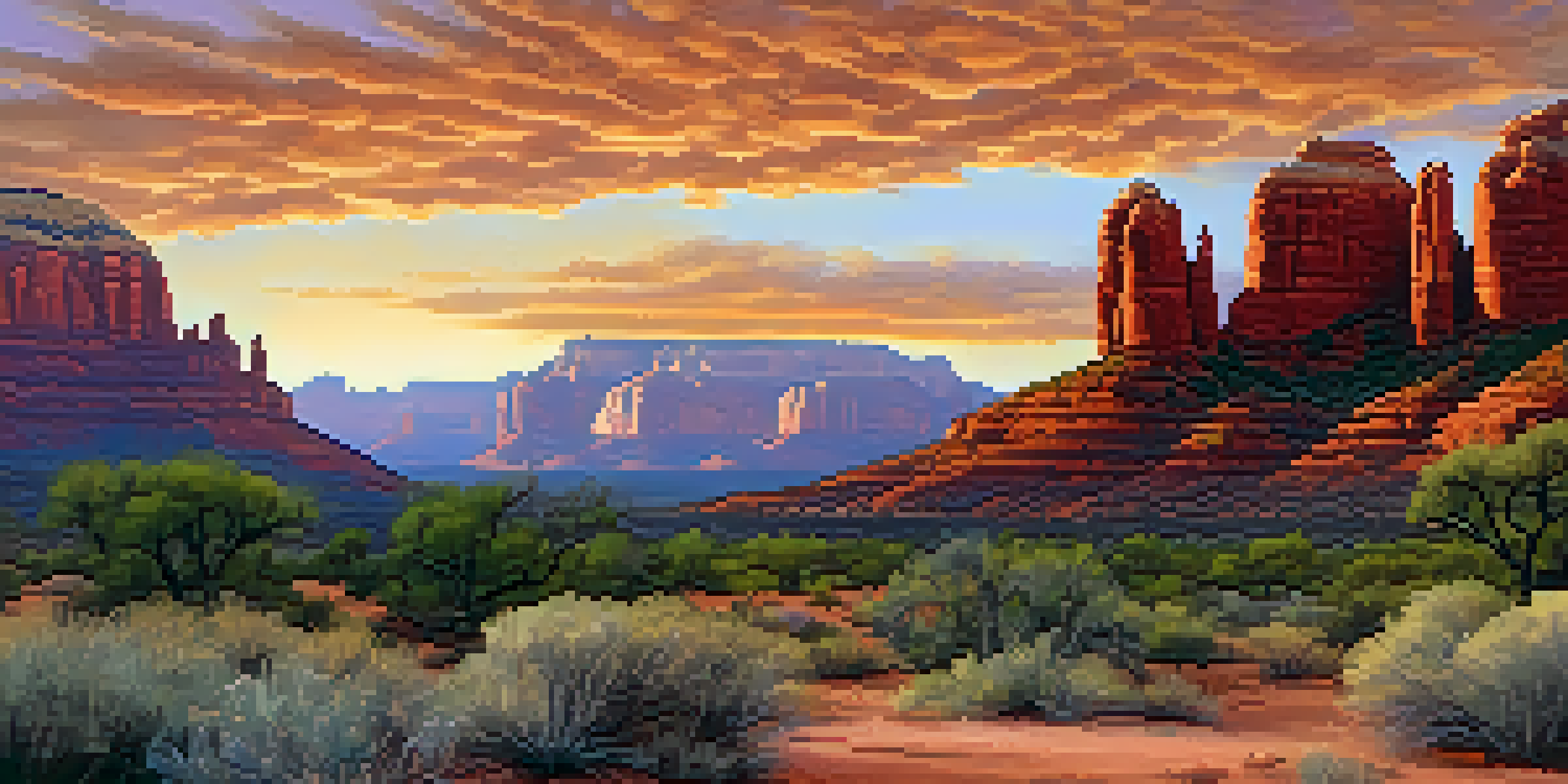 A sunset view of Sedona's red rock formations with a rustic adobe-style hotel in the foreground, surrounded by desert plants.