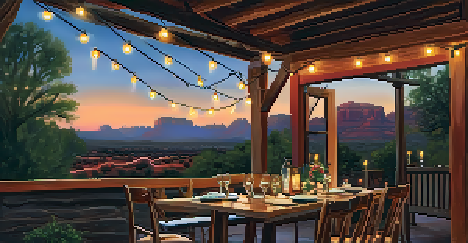 An intimate outdoor dining scene at dusk in Sedona, with fairy lights and a table for two set against a backdrop of red rocks and twilight sky.