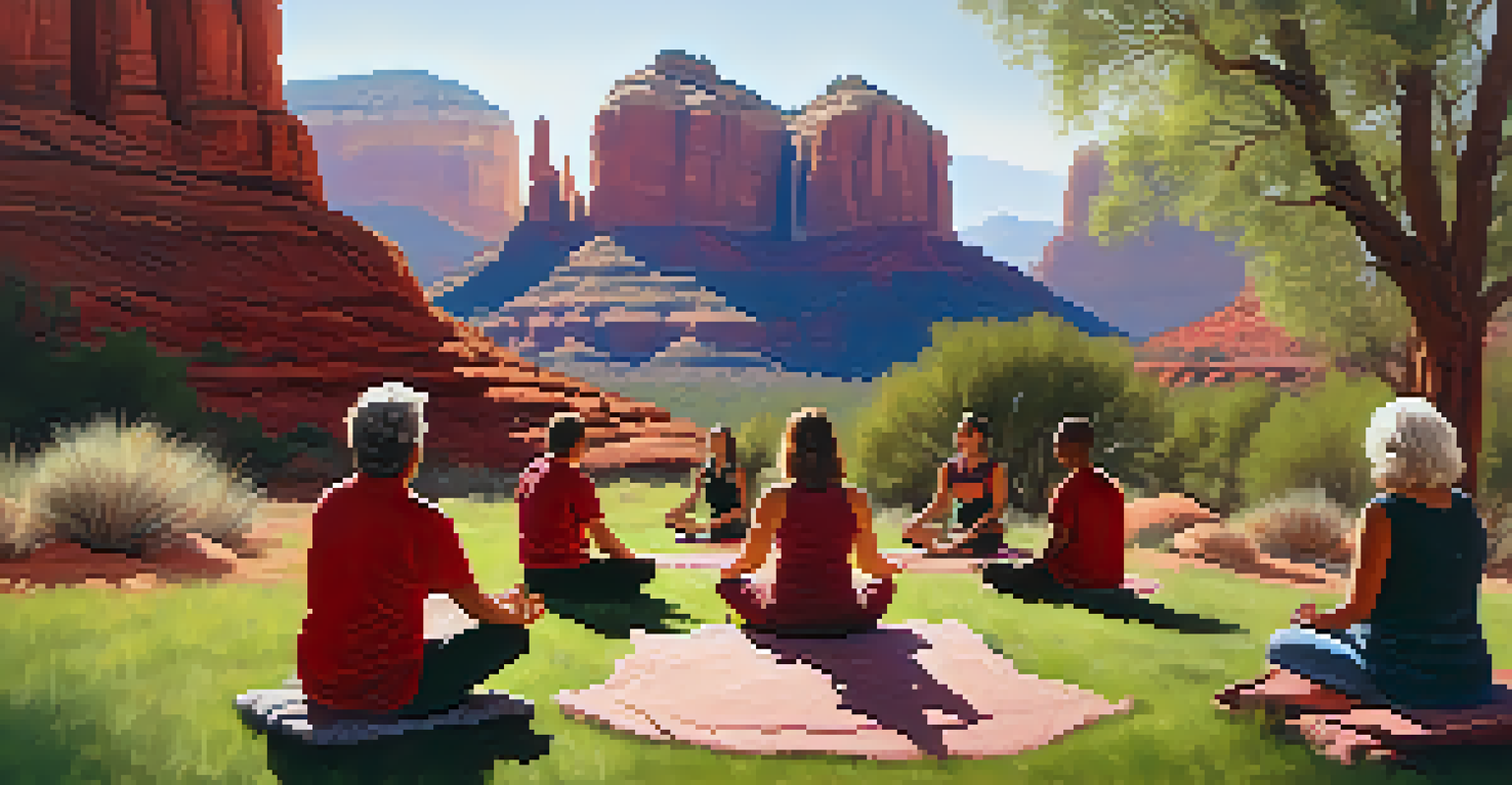 A group of people meditating in a circle outdoors in Sedona, with red rock formations in the background.