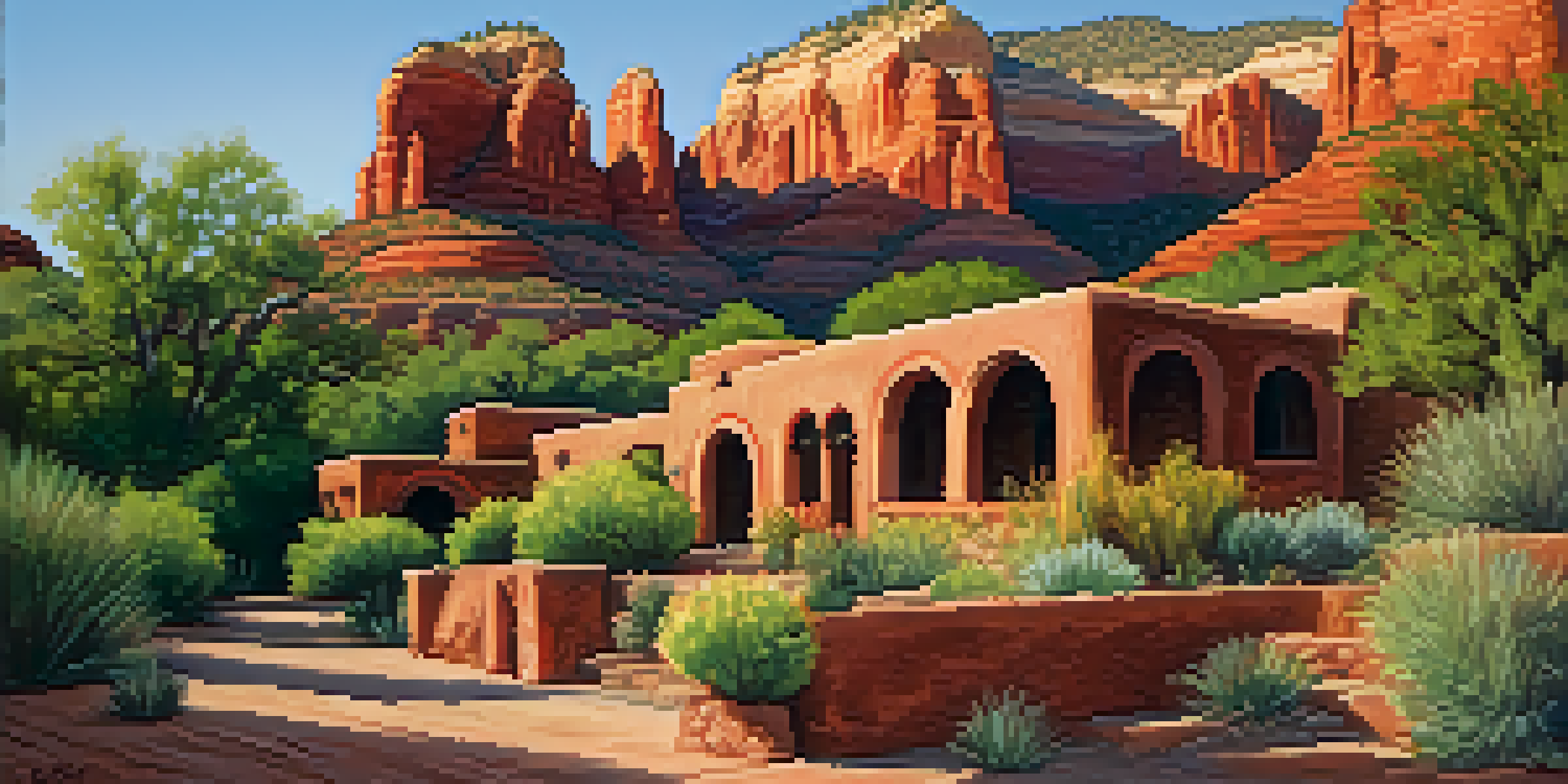 A scenic view of red rock formations in Sedona with an adobe structure in front, illuminated by warm sunlight.