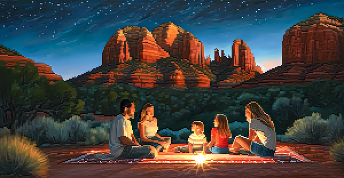 A family enjoying stargazing on a blanket under a starry sky, with red rock formations in the background.