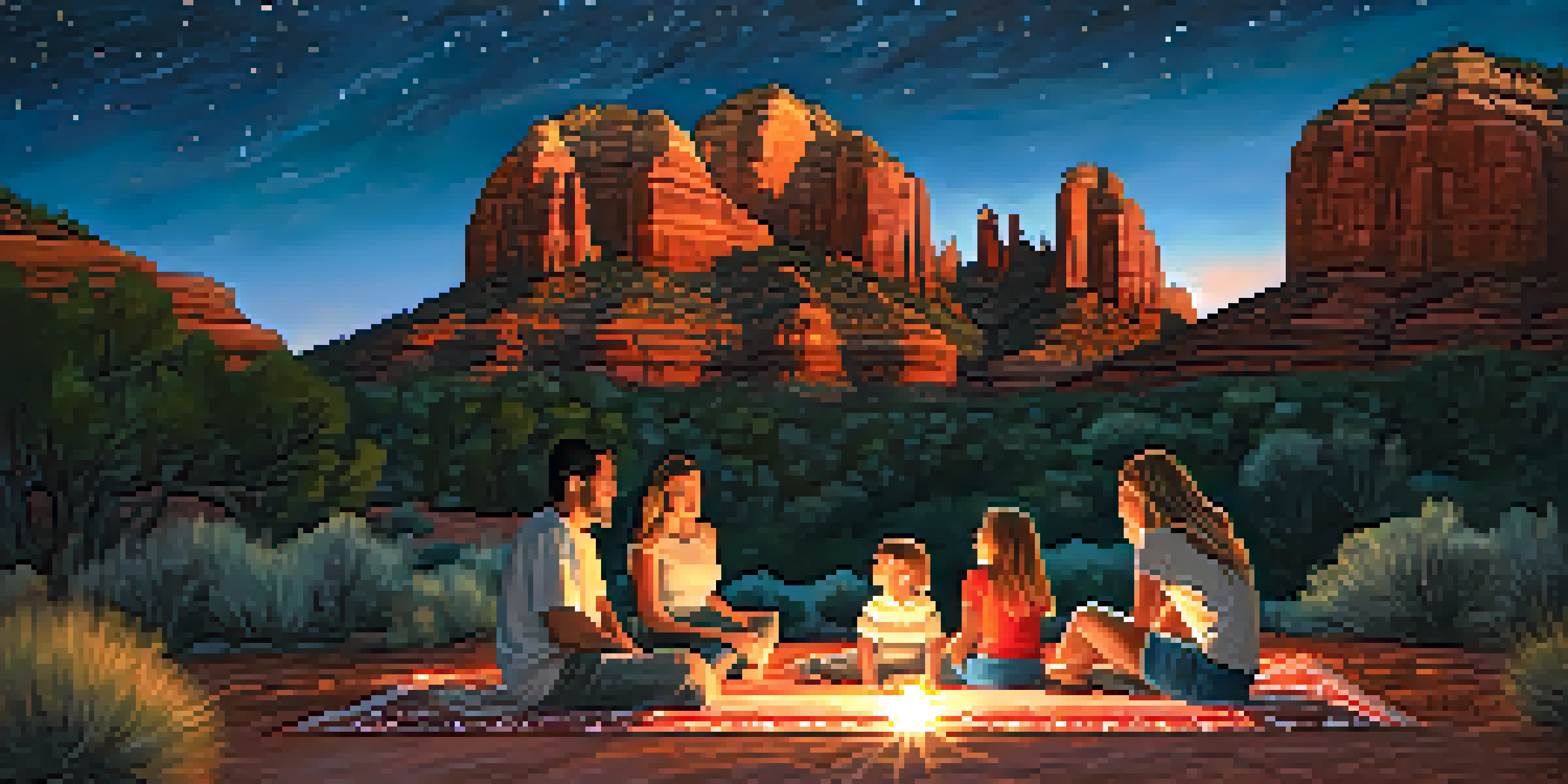 A family enjoying stargazing on a blanket under a starry sky, with red rock formations in the background.