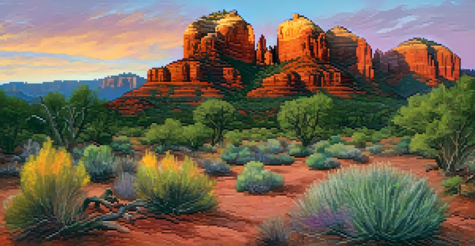 A scenic sunset view of Sedona's red rock formations with volunteers planting flowers along a trail.