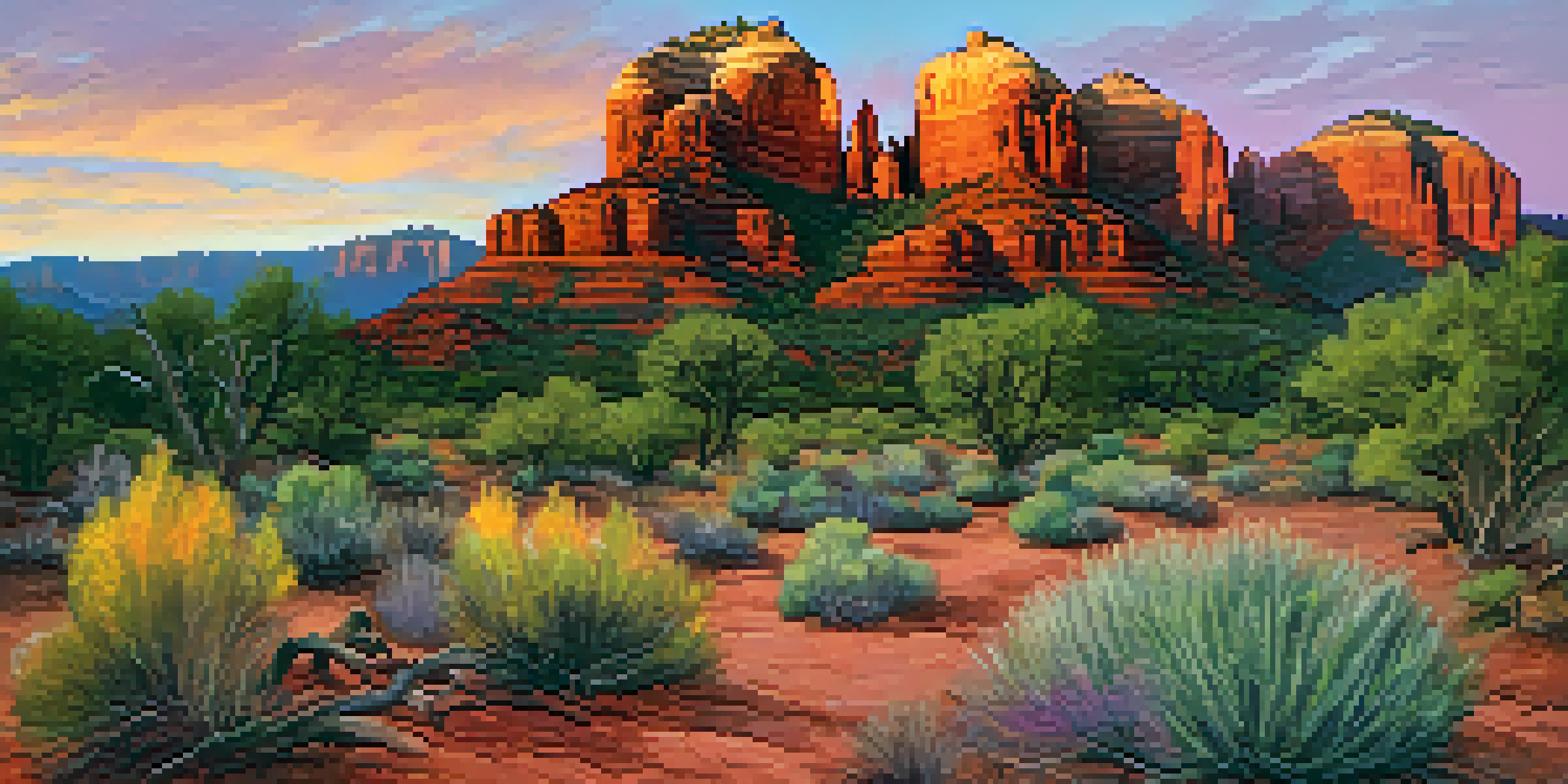 A scenic sunset view of Sedona's red rock formations with volunteers planting flowers along a trail.