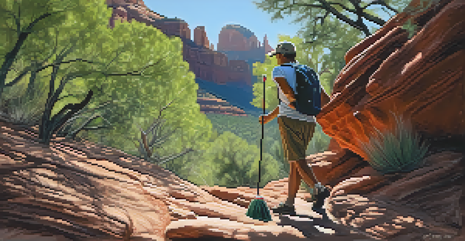 A volunteer picking up litter on a hiking trail in Sedona, with red rocks and greenery in the background.