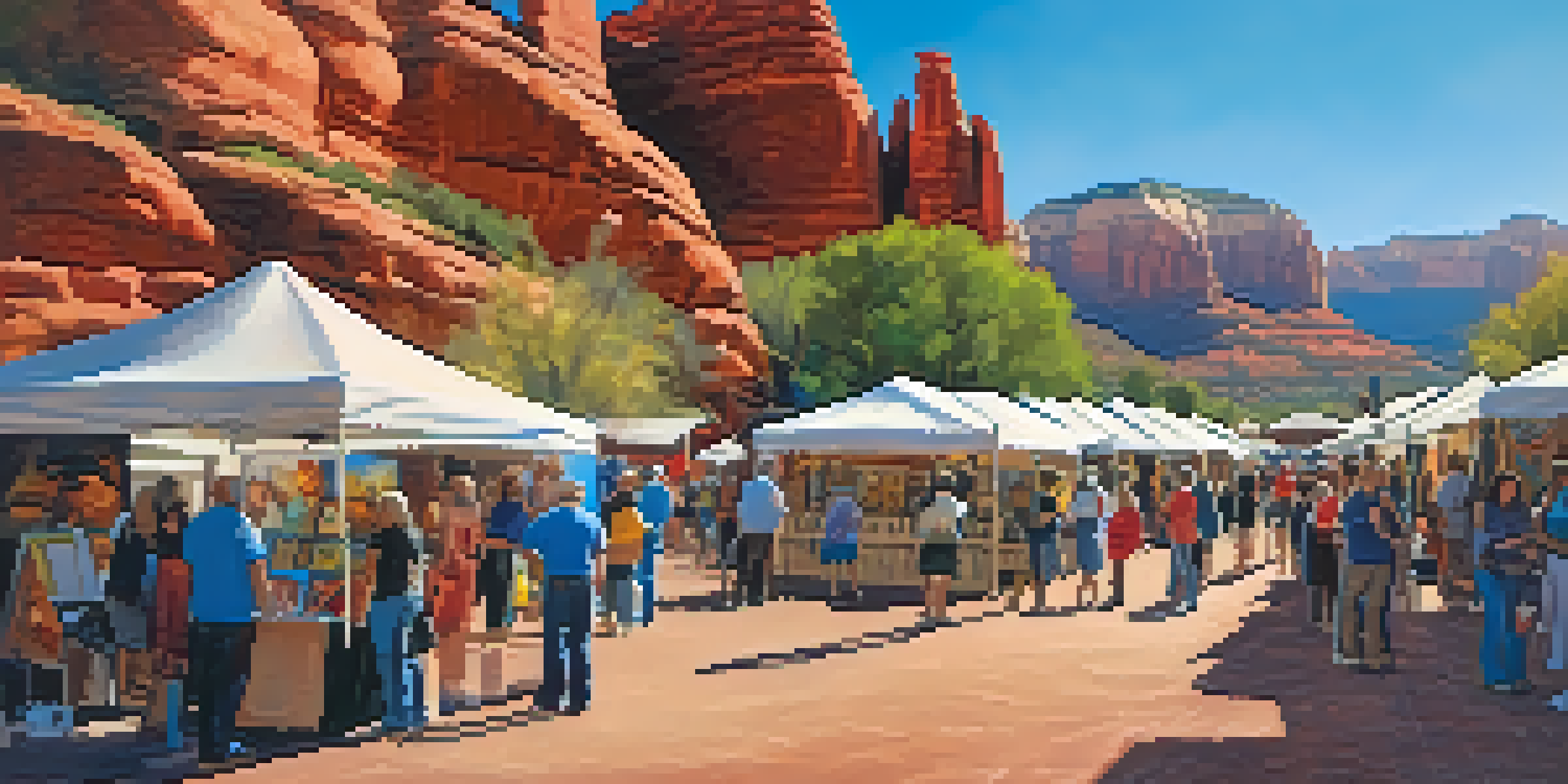 A lively outdoor art festival with artists displaying colorful artworks and visitors interacting, set against red rock formations and a clear blue sky.