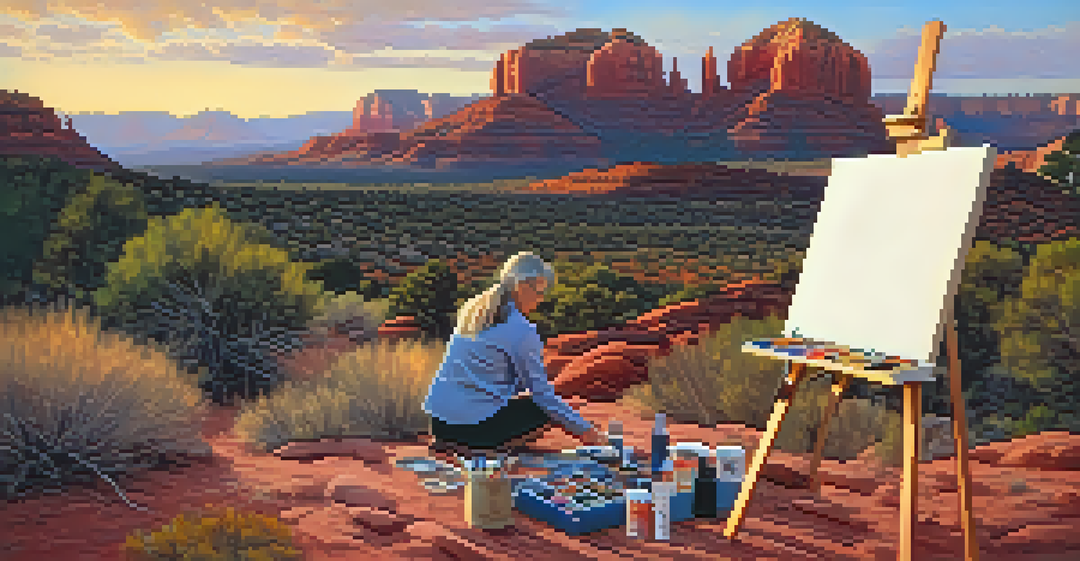 An artist painting the sunset in Sedona, with red rock formations and art supplies around her.
