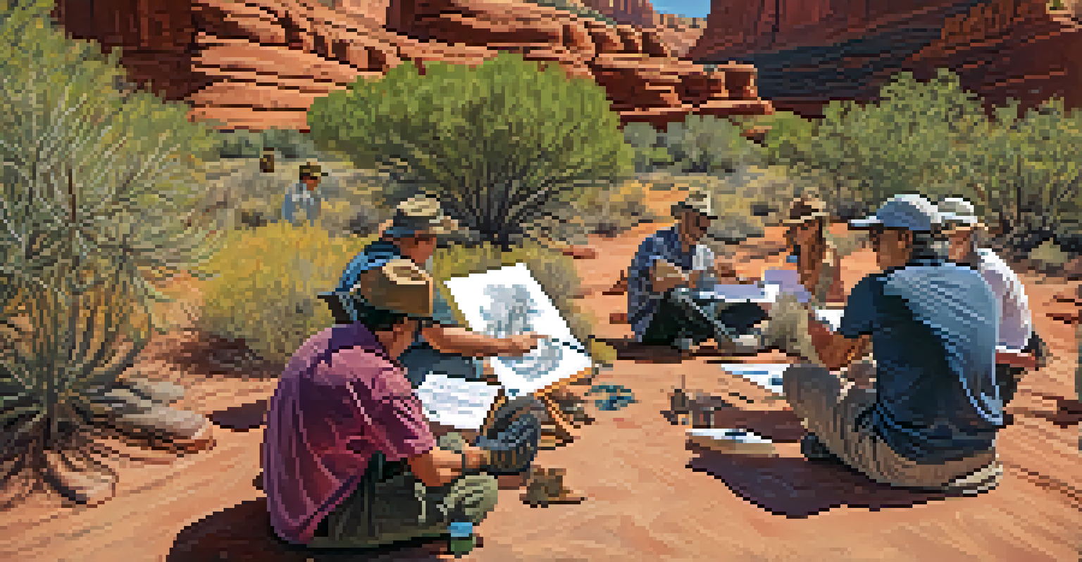 A community wildlife conservation workshop in Sedona, featuring a local expert teaching tracking techniques to engaged participants.