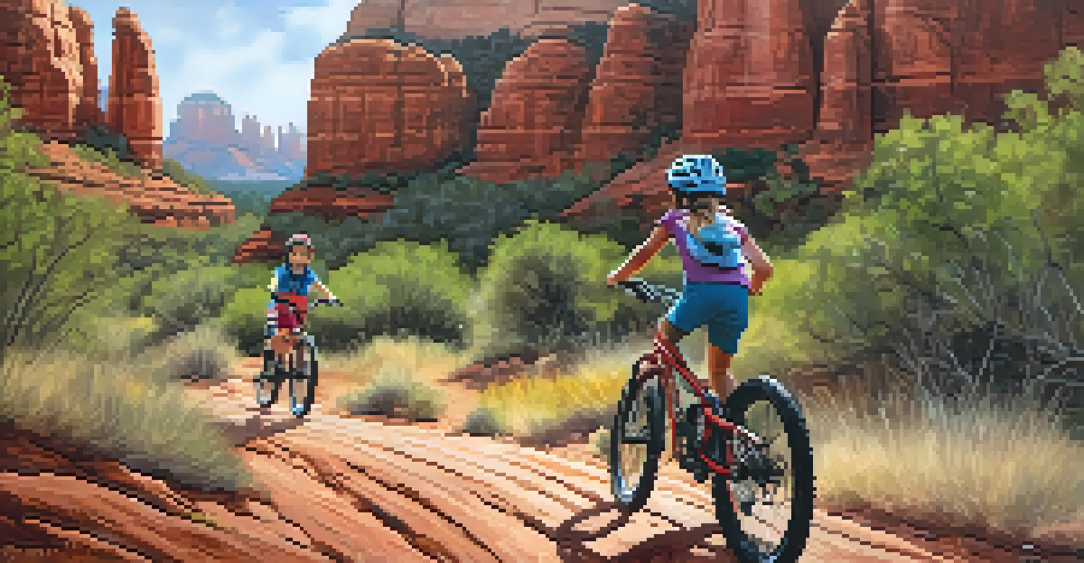 Children mountain biking through trails in Sedona, surrounded by red rocks and greenery, with sunlight filtering through trees.