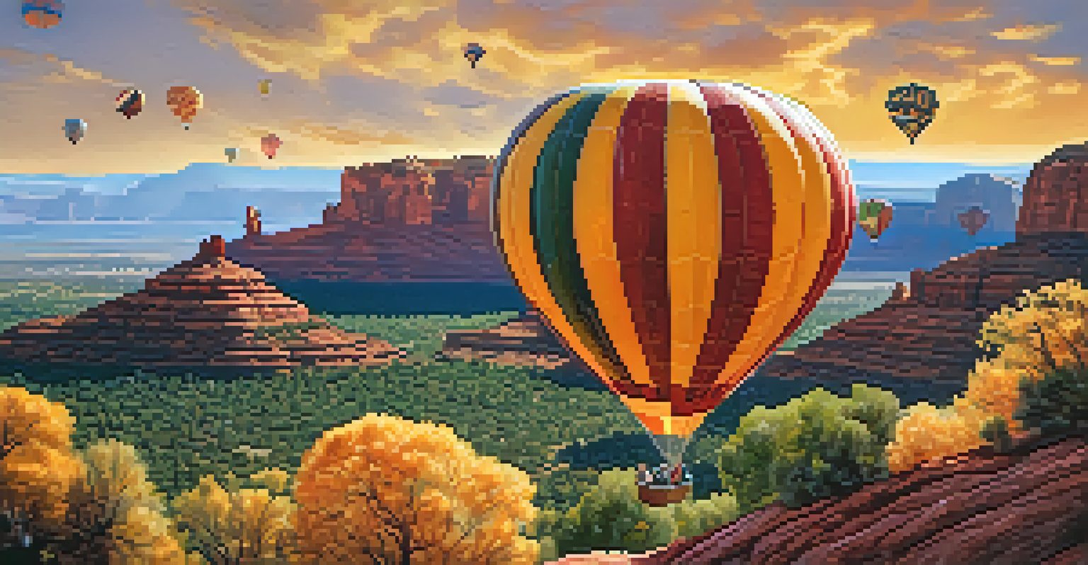 Passengers in a hot air balloon basket smile and take photos while floating over Sedona's stunning landscape, with autumn colors and iconic rock formations in view.