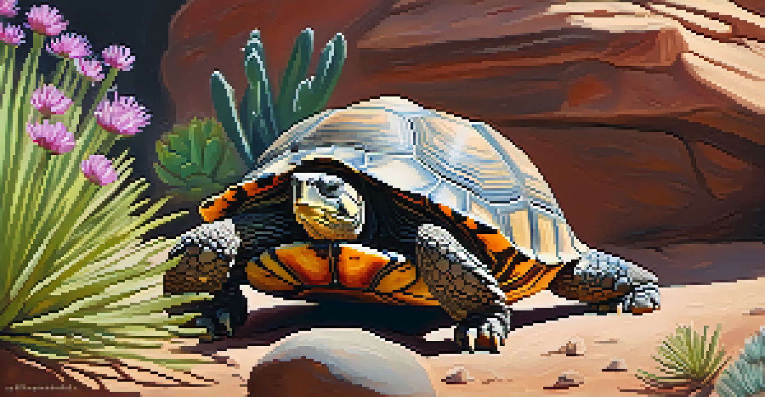 A close-up of a desert tortoise in Sedona, surrounded by wildflowers and succulents under soft sunlight.