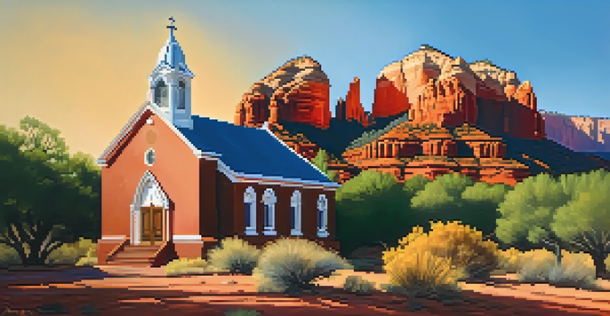 A traditional church surrounded by red rock formations in Sedona, Arizona, with sunlight illuminating the structure and a clear blue sky above.