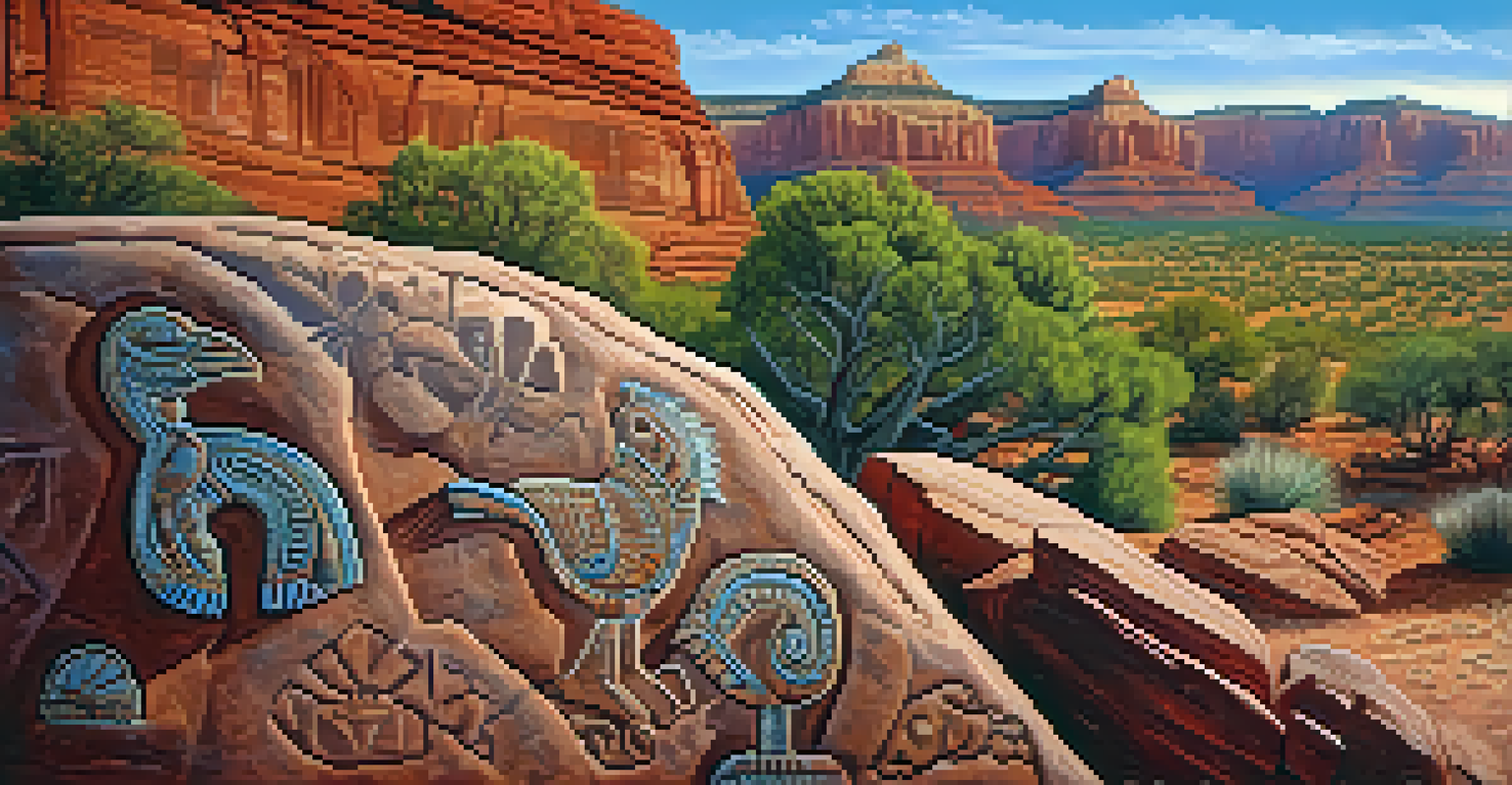 Close-up of ancient petroglyphs on a rock, with Sedona's red rocks in the background.