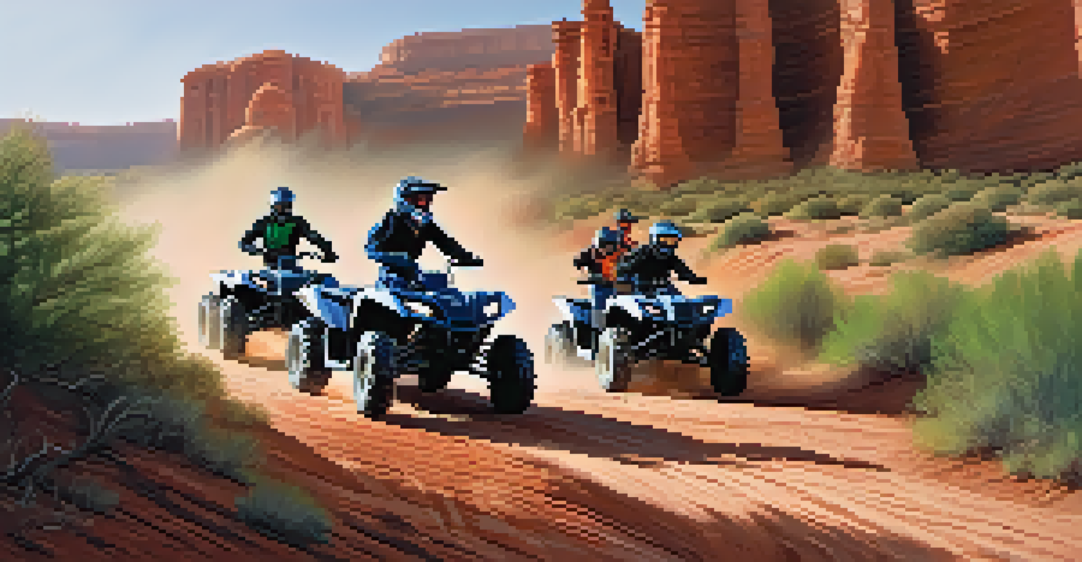 A group of ATV riders on a dusty trail with red cliffs and green plants around them.